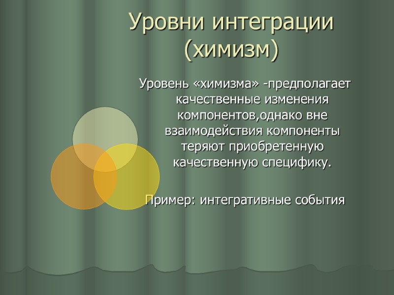 Уровни интеграции (химизм) Уровень «химизма» -предполагает качественные изменения компонентов,однако вне взаимодействия компоненты теряют приобретенную